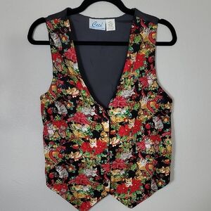 Vintage Women Cat Christmas Vest Size S/M Button Up Novelty